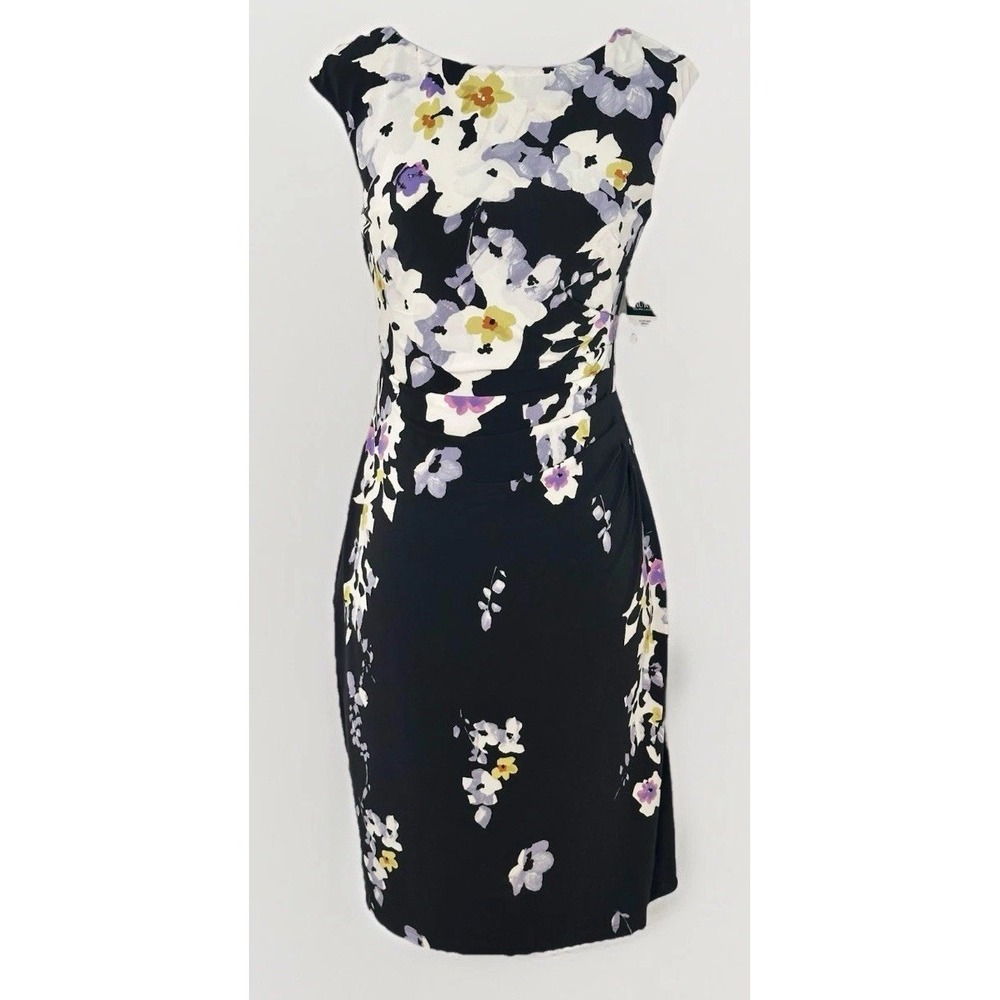 Lauren Ralph Lauren Dress 4 Petite Black Floral Sheath Knee Length NWT Spring